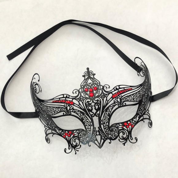 Black Metal Masquerade Mask with Red Rhinestones Handmade - Picture 1 of 17